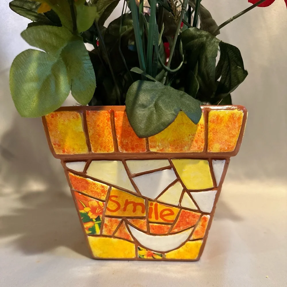 Daisy Floral Arrangement in Mosaic Ceramic Pot Yellow Orange Red